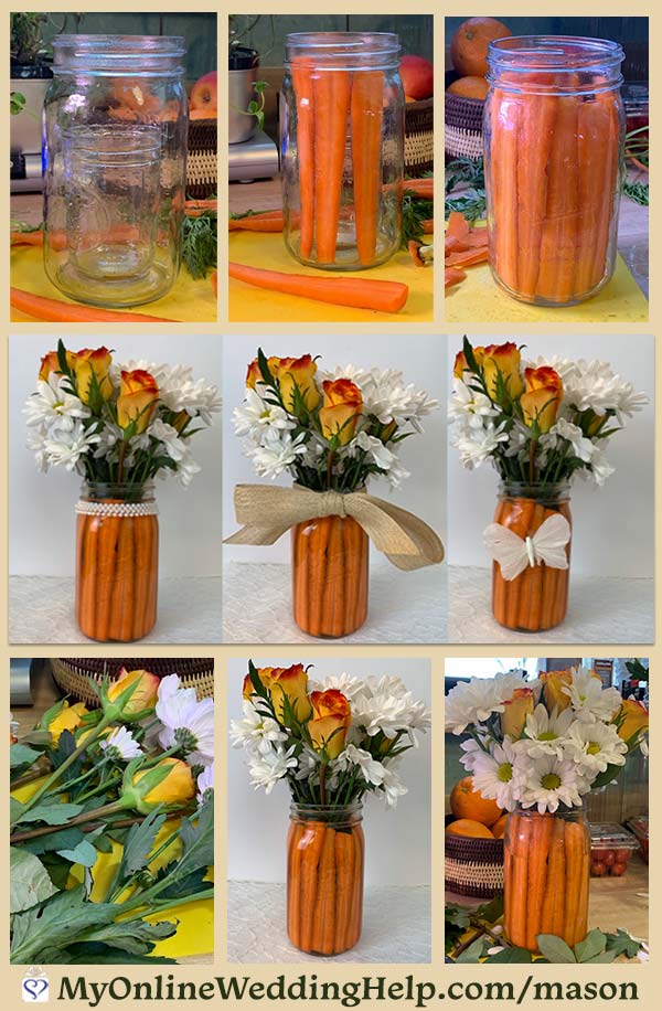 Easter or spring wedding centerpiece idea. Use mason jars and carrots for a simple and unique arrangement. Very colorful, too. See the DIY in the post. Look for it in the mason jar centerpieces with flowers section. On the My Online Wedding Help blog. #SpringWedding #EasterCenterpiece #FlowerCenterpieces